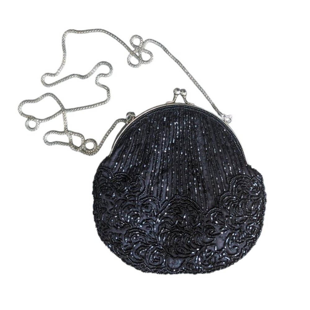 Vintage Crossbody Bag Black Silver Beaded Frogmouth Coin Purse Chain